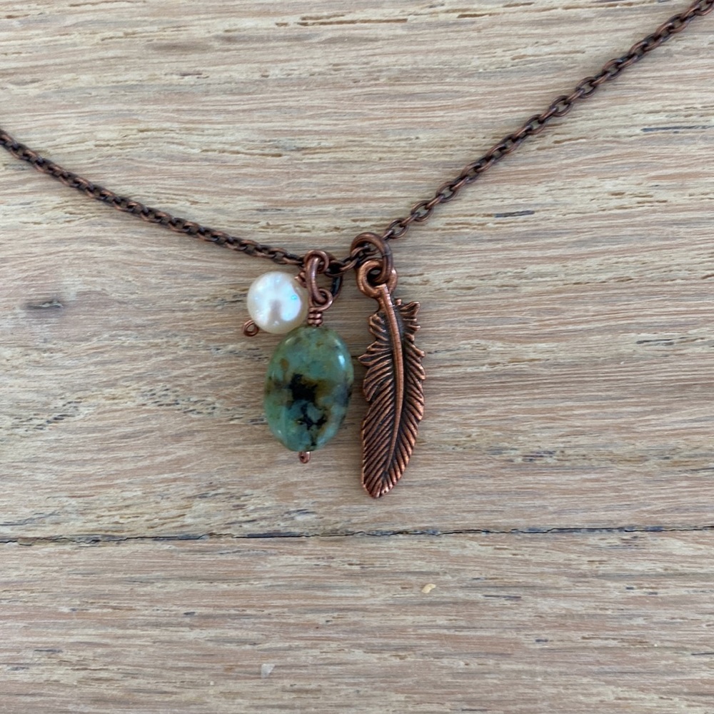 Antiqued Copper Feather, Turquoise, and Pearl Charm Necklace